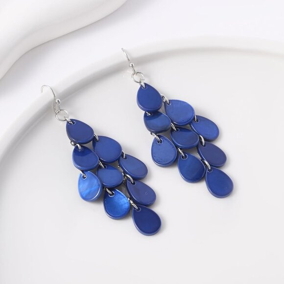 Blue Sea Shell Tear Drop Earrings on French Wire for Women - Summer Beach Jewelr - Picture 6 of 6